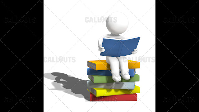 3D Guy Sitting Reading Book on a Pile of Large Books White Background