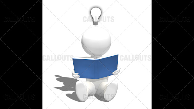 3D Guy Sitting Reading Book on Floor Get Lightbulb Idea on White Background