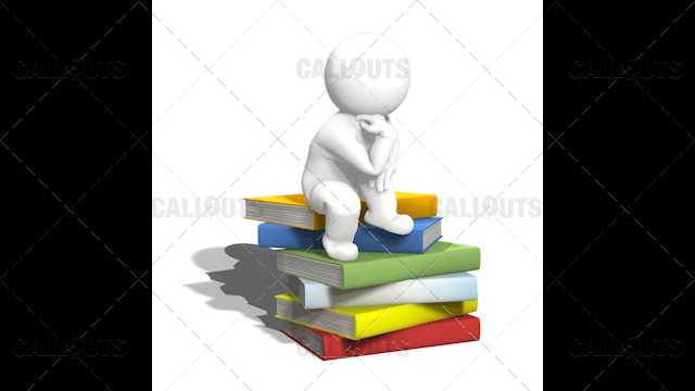 3D Guy Thinking on Pile of Books, Inspired by Thinking Man Statue, White Background