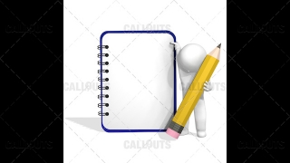 3D Guy Standing with Pencil Next to Empty Notebook, Space for Text, White Background