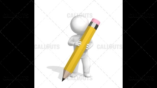 3D Guy Writing with Large Pencil on Floor on White Background