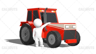 3D Guy Standing Proud In Front of Red Tractor White Background
