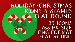 Holiday Christmas Icon Stamps Collection Flat Round