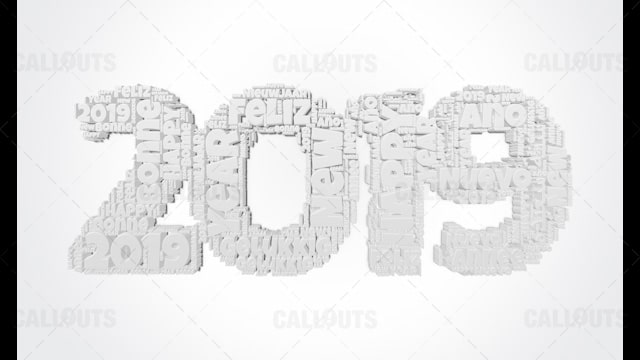 2019 Happy New Year Poster 05 – 3D Extruded White in Many Languages