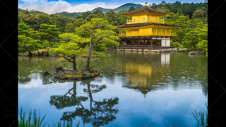 Wide shot of The Golden Pavilion, Kinkaku-ji, a Zen Buddhist temple, Kyoto, Japan