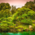 Magical Japanese buddhist temple garden with island in pond