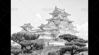 Himeji Castle, a hilltop Japanese castle by the city of Himeji, Hyōgo Prefecture, Japan. Black and White.