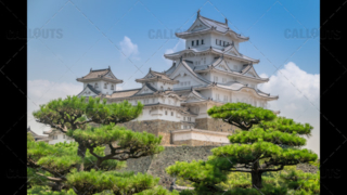 Himeji Castle, a hilltop Japanese castle by the city of Himeji, Hyōgo Prefecture, Japan. With trees in foreground.
