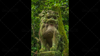 Fushimi Inari-taisha shrine, lion or demon stone statue. Kyoto, Japan.