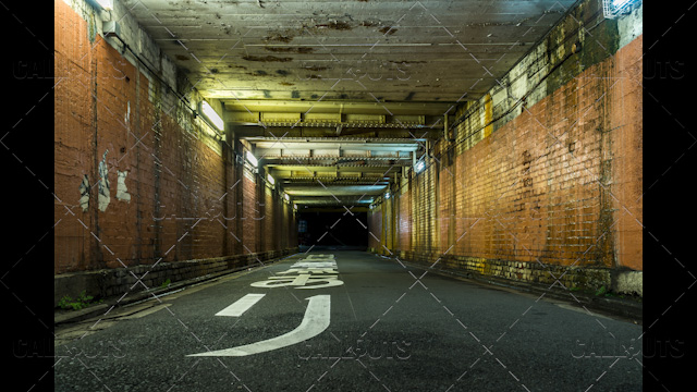 Tunnel, pedestrian walkway, under Kyoto train station, Japan.