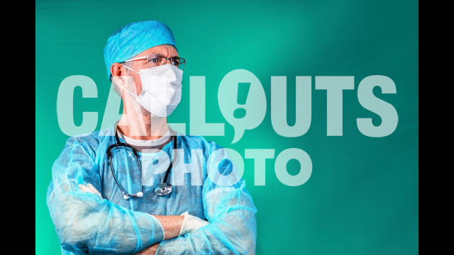 Doctor in Scrubs with Stethoscope Looking Decisive, Text Space