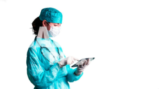 Young Medical Professional with Protective Gear,  Holding Tablet, Cutout, White Background, Text Space