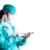 Young Medical Professional with Protective Gear,  Holding Tablet, Cutout, White Background, Text Space