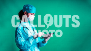 Young Medical Professional with Protective Gear, Holding Tablet, Green Background, Text Space