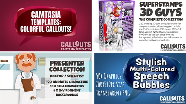 New Camtasia Colorful Callouts, new Doctor Presenter Collection, free Colorful Callouts, The Complete 3D Guy Collection, and more…