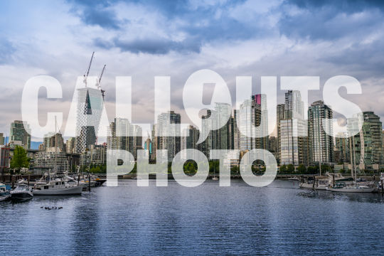 Vancover skyline, with boats and construction underway