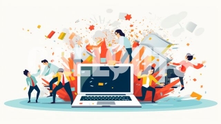 People Fighting over Laptop with Fire Business Illustration