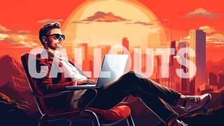 Businessman Sitting on his Chair Using his Laptop on a Red Sky Background Business Illustration
