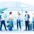 People with Tablets in a Glass Room Business Illustration