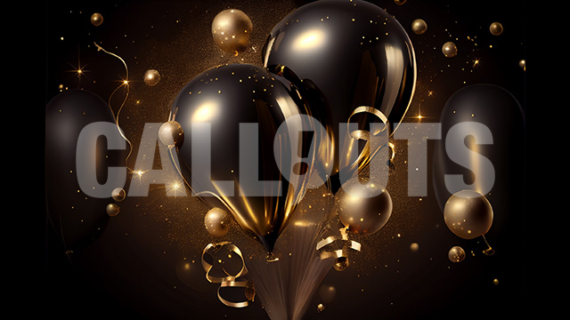 Happy New Year Concept Horizontal Balloons Streamers Black Gold 2024