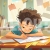 Focused Child Writing at Cluttered Desk – Education Illustration