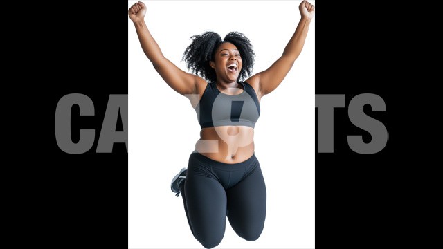 Energized Woman in Mid-Jump Celebrating Victory – Cutout Graphics