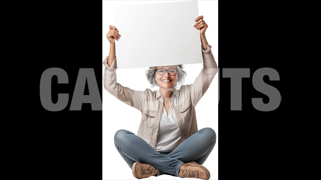 Middle-aged Woman Holding Blank Sign for Customizable Presentations – Cutout Graphics